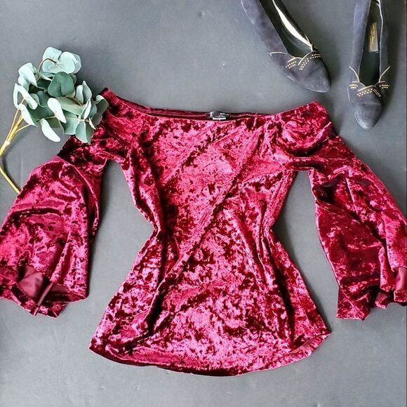 Aqua Red Velvet Off Shoulder Blouse - Picture 1 of 8
